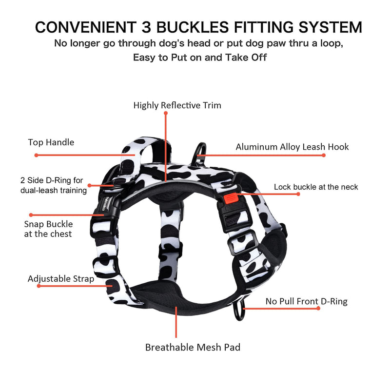 Petmolico No Pull Dog Harness and Leash Set, No Choke 4 Leash Attchments Easy Control Handle Soft Padded Reflective Vest Dog Harness for Large Dog Breed, Cow Pattern Large - PawsPlanet Australia