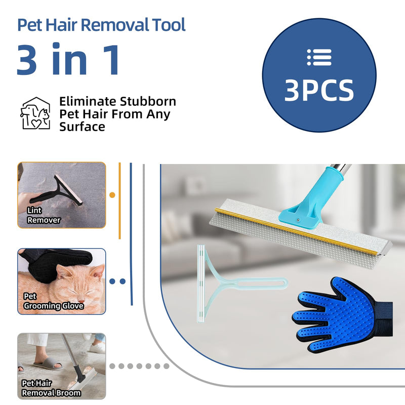 Carpet Rake for Pet Hair Removal - 54" Adjustable 2 in 1 Carpet Broom with Copper Rake Scraper & TPU Brush, Reusable Cat Dog Hair Remover Tool for Deep Cleaning Carpets, Rugs, Mats, and Stairs (Blue) Blue Pro+Mini+Glove - PawsPlanet Australia