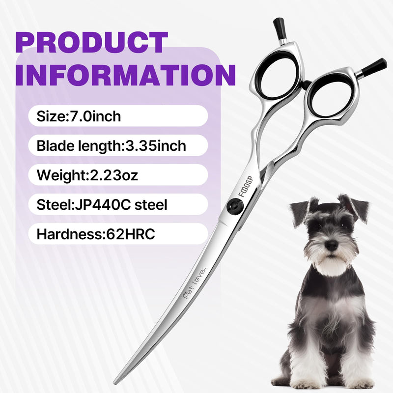 Curved Dog Grooming Scissors 7 in Curve Shears for Pet Dogs Pomeranian Cat Japan 440C 30°Arc Upward & Downward for Trimming Face and Paws at Home(7, Curved) 7.0 in - PawsPlanet Australia