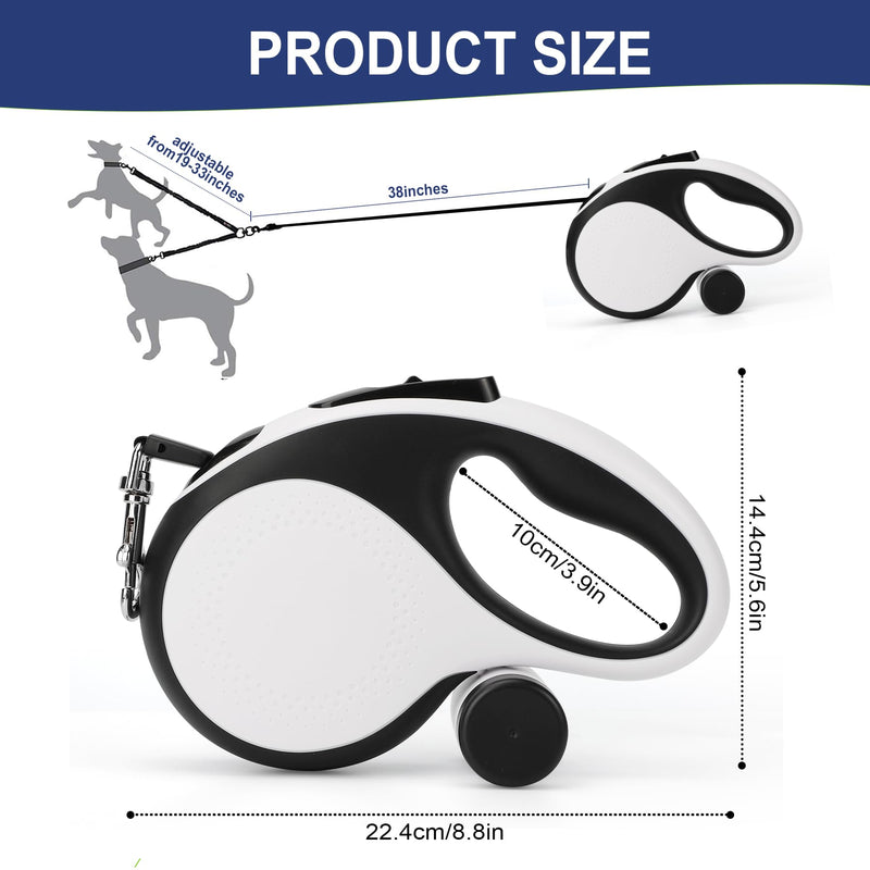 Dual Retractable Dog Leash for 2 Medium Dogs (Up to 66LBS Each) - Double Headed Pet Leash with Poop Bags and LED Light, One Button Brake & Lock, 360 Tangle-Free (White, Medium) WHITE - PawsPlanet Australia