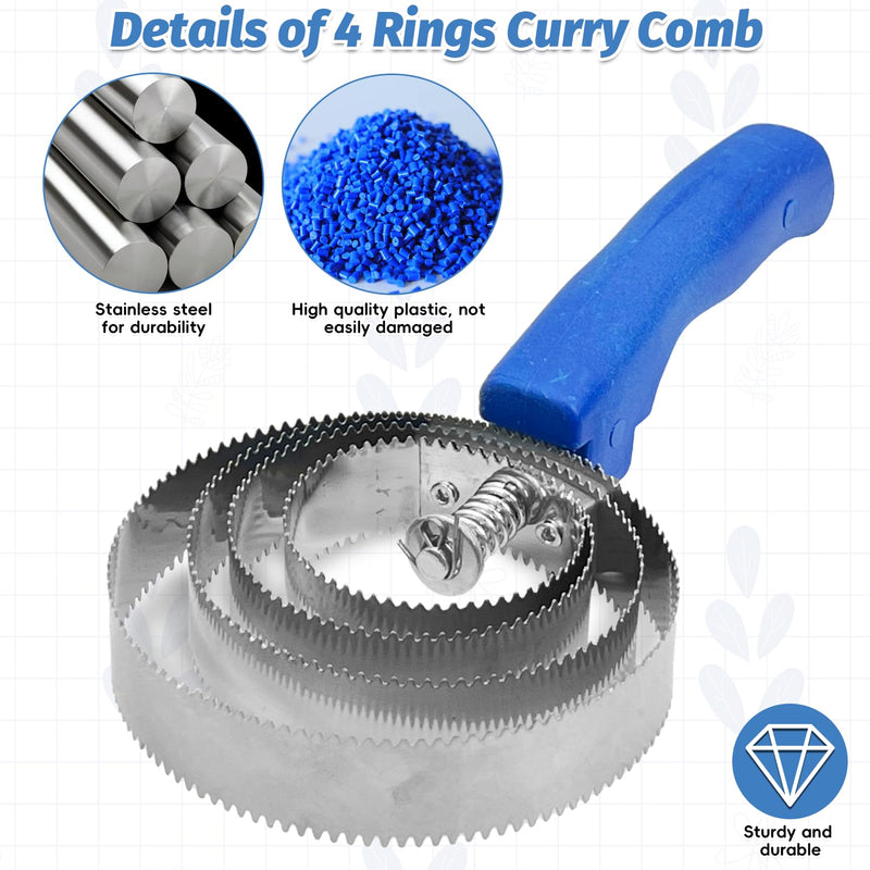 kathson 2PCS 4 Rings Curry Comb Horse Brush Scraper Reversible Stainless Steel Livestock Shedding Comb with Soft Touch Grip 2PCS, Blue