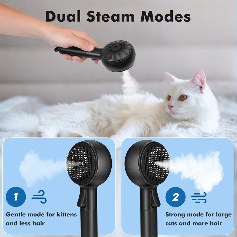 Cat Steam Brush with 2 Steam Modes for Cats Dogs Shedding, Low Noise Pet Hair Brush with One Release Button Cool Mist for Indoor Cats Black - PawsPlanet Australia