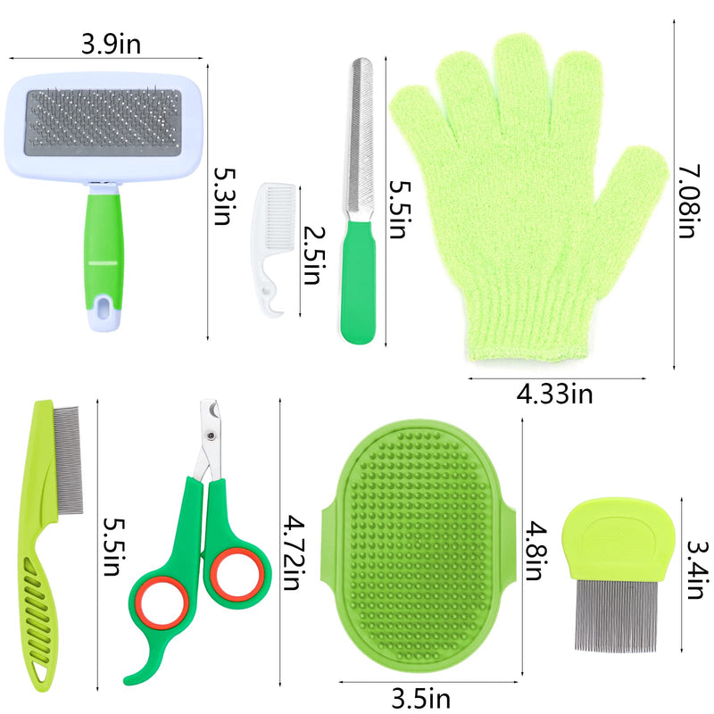 VCZONE 8 Pcs Small Animal Grooming Kit, Pink with Pet Nail Clipper and File, Flea Comb, Pet Shampoo Bath Brush, Pet Shedding Slicker Brush, Bath Massage Glove, Cleaning Comb (Green) Green - PawsPlanet Australia