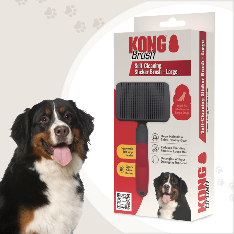KONG Large Self-Cleaning Slicker Brush – Easy Hair Removal, Reduces Shedding, Non-Slip Grip, Long Metal Pins, for Medium to Large Dogs with Medium to Long Coats, Red/Gray - PawsPlanet Australia