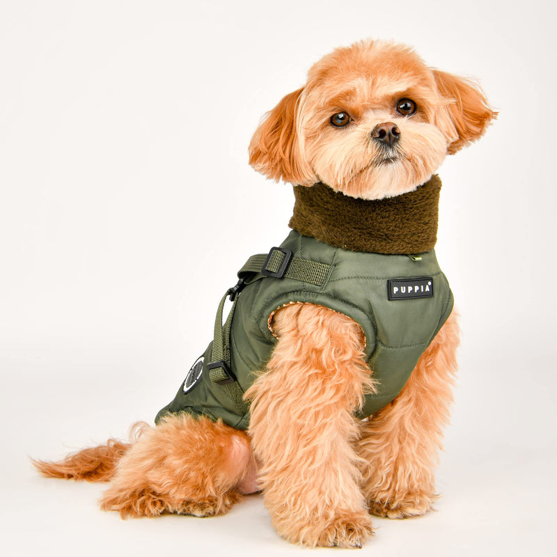 Puppia Donavan Winter Dog Coat with Integrated Harness No Pull Cold Weather Waterproof Warm Fleece Back Zipper for Small & Medium Dog, Khaki, Small - PawsPlanet Australia