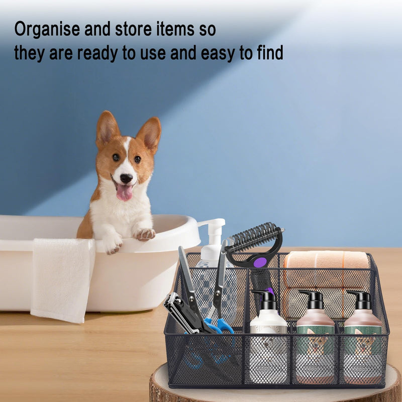 Universal Pet Grooming Supplies Organizer, 6-Compartment Mesh Wire Dog Storage Organizer for Grooming Supplies, Cat Blanket, Shampoo, Trimmer, Clipper, Brush - PawsPlanet Australia