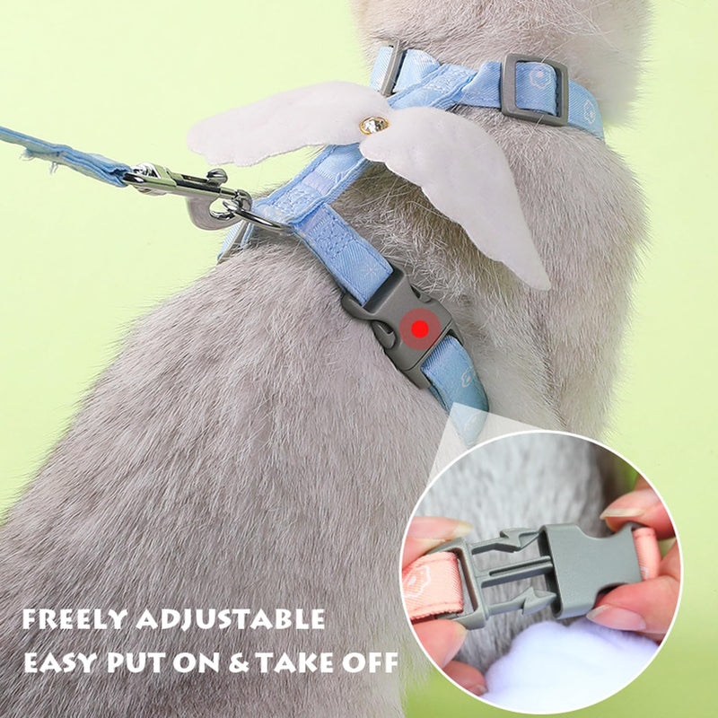 Cat Harness and Leash Set White Wing for Outdoor Travel Walking Escape Proof Soft Safe Adjustable Kitten Puppy Small Strap Angel Style, Blue S Blue Wing