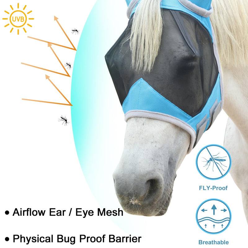 Horse Fly Mask with Ears Cover | Forelock Opening for Tangle-Free Mane Care | UV Protection & Breathable Mesh | No Rub Fit and Enhanced Visbility for Trail Riding Paleblue Pony Pale Blue
