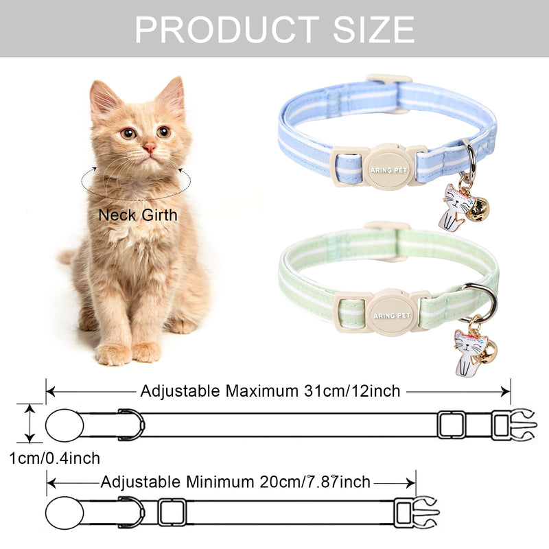 ARING PET 2 Pack Cat Collar-Cute Cotton Cat Collar with Bell & Pendant, Adjustable Blue Green Striped Kitten Collars with Safety Buckle for Girl and Boy Pets blue&green striped - PawsPlanet Australia