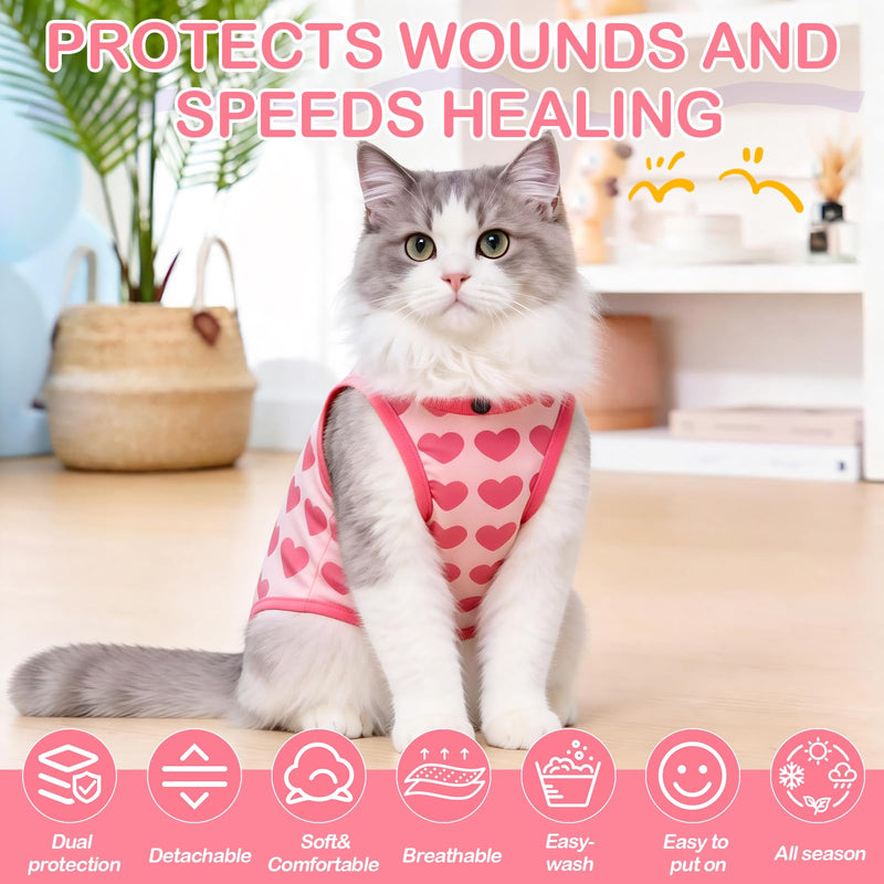 EMUST Cat Surgery Recovery Suit for Female Cats, Adjustable Soft E-Collar Alternative Onesie Gift for Cat Lovers, Cute Heart Breathable Anti-Licking Post-Op Spay Abdominal Protection Pajamas (M) Medium