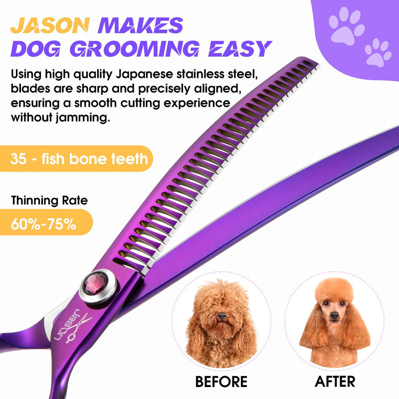 JASON 7.5" Curved Chunkers Shears - Professional Dog Scissors for Grooming, Japanese 440C Stainless Steel Blender Shears with Diamond Adjustable Screw (35 Teeth, Purple) A-Curved Chunker - PawsPlanet Australia