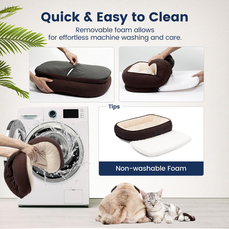 Orthopedic Dog Bed Small Washable, Egg Crate Foam Cat Bed for Senior Cat,Oval Kennel Bed, Pet Couch Bed with Four Sided Bolster, Removable Washable Cover Non-Slip Bottom, Brown S (20" x 16" x 5") - PawsPlanet Australia