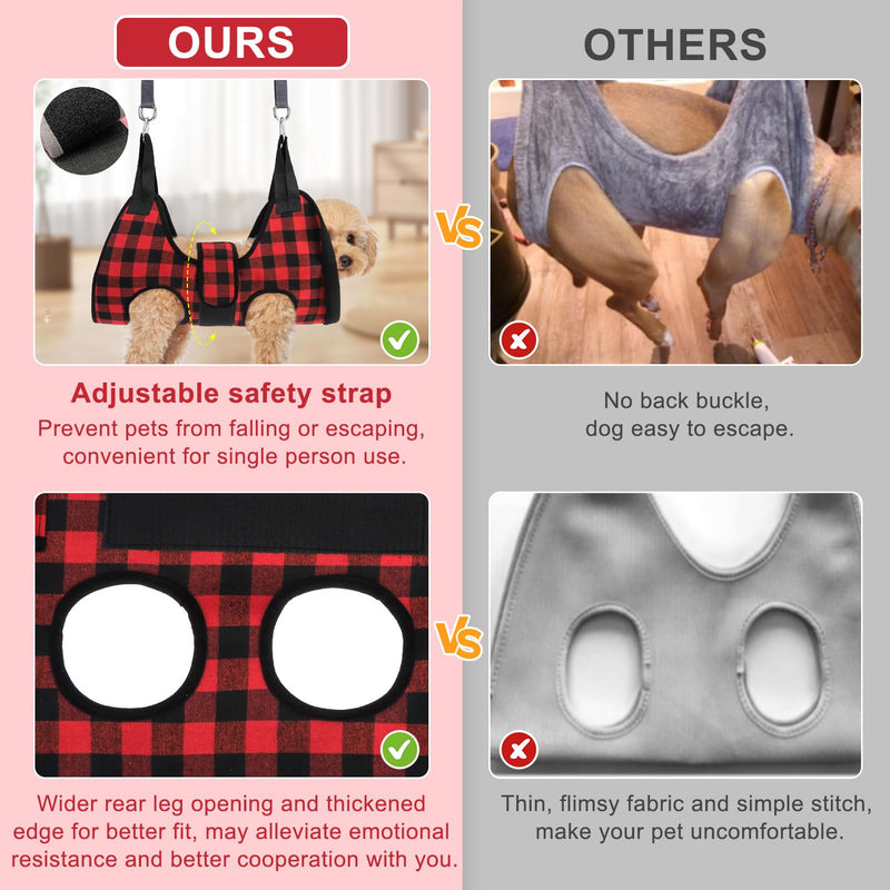 BEAUTYZOO Dog Grooming Hammock Harness for Nail Trimming - Adjustable Pet Restraint Sling for Small Medium Large Dogs/Cats -Secure Hanging Holder for Nail Clipping & Grooming (Christmas Buffalo Plaid) XS (Leg Spacing: 6-9.5" / Max W: 15lbs) Buffalo Red - PawsPlanet Australia