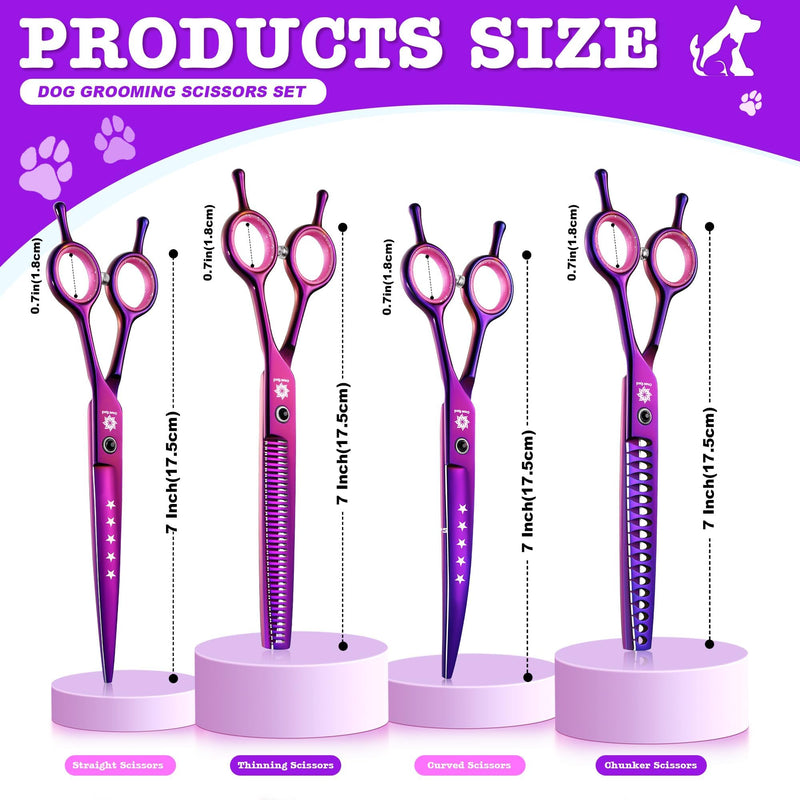 Dream Reach Dog Grooming Scissors - 7" Professional 6 in 1 Pet Scissors Sharp and Durable Shears Set Thinning, Chunker, Straight, Curved Shears and Comb for Dog Cat Pets, Purple 7Inch-Set-Purple - PawsPlanet Australia