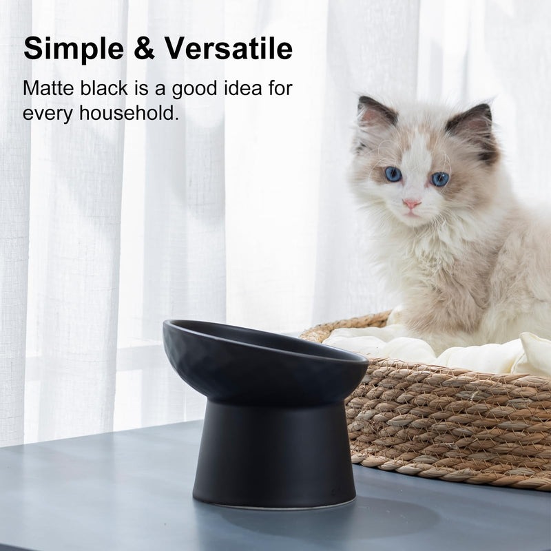 YauYik Ceramic Raised Cat Bowls, Elevated Tilted Cat Food and Water Bowls Set, Stress Free Pet Feeding Dish for Indoor Cats and Small Dogs, Anti Vomiting, Black, 2 Pack BLACK-2 PC