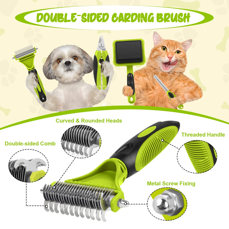 Grooming Dematting Comb Tool Kit 4 Pack Self Cleaning Dog Brush Cat Brush Grooming Comb Kit, Cat Dog Nail Clippers with Nail File Professional Pet Hair Removal Goomings, Massage, Cleaning, Green
