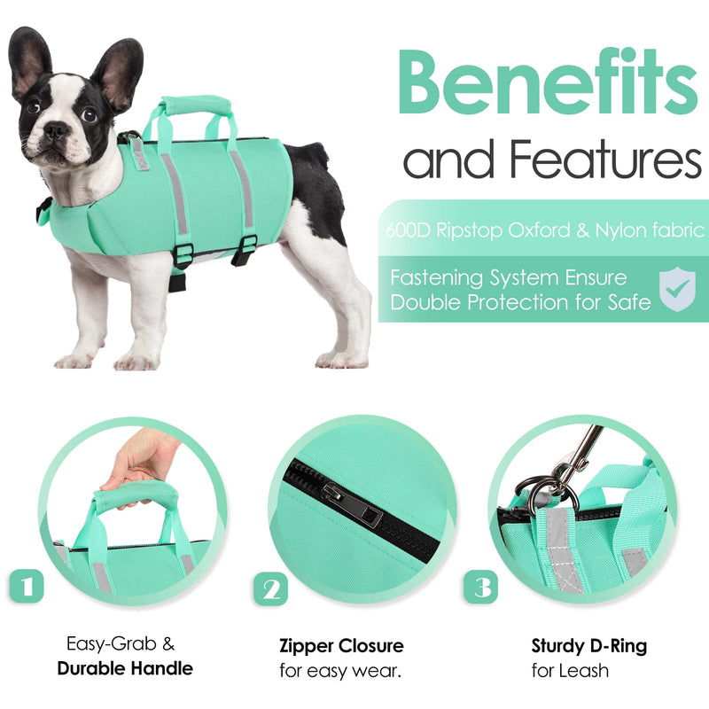 AOFITEE Dog Life Jacket, Dog Life Vest for Swimming with High Flotation, Small Dog Swimsuit Lifejacket with Rescue Handle and Zipper, Reflective Dog Swimming Vest for Small Medium and Large Dogs, S PeacockGreen - PawsPlanet Australia