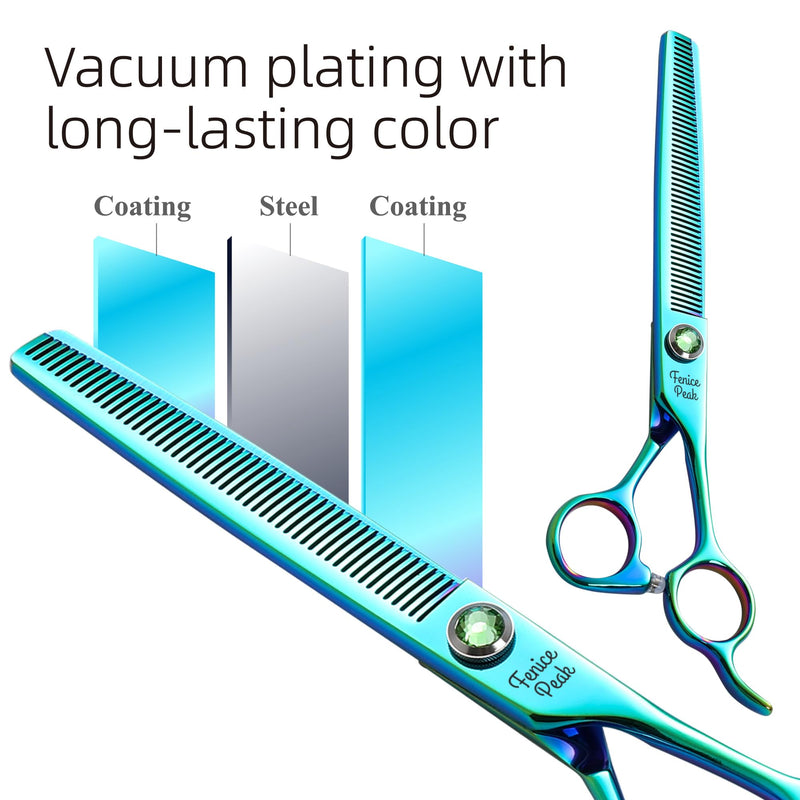 FENICE PEAK 7'' Green Thinning Dog Grooming Scissors Pet Shears with Ergonomic Offest Handle and Simulated Emerald Screw 440C Grooming Scissors Trimming Shears Durable and Sharp Thinner 7"