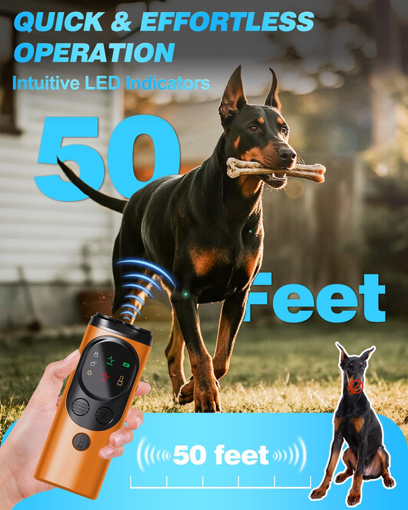 2025 Ultrasonic Dog Bark Deterrent Devices with 3 Emitters & SOS Flashlight, Humane Anti-Bark Trainer, 50FT Range, 90-Day Battery, Multi-Mode Rechargeable Dog Deterrent for Indoor & Outdoor Use Orange - PawsPlanet Australia
