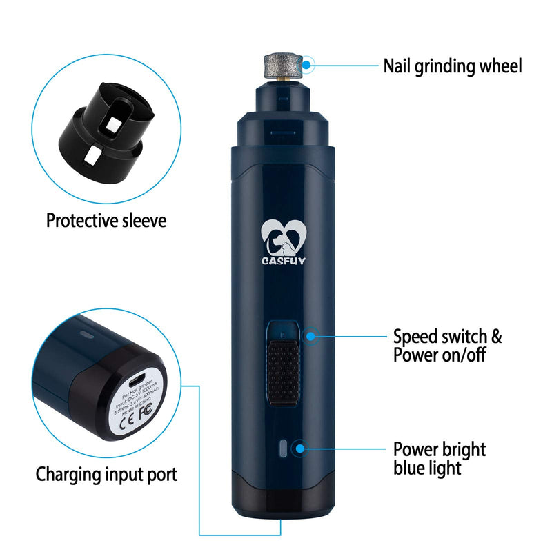Casfuy Dog Nail Grinder Upgraded - Professional 2-Speed Electric Rechargeable Pet Nail Trimmer Painless Paws Grooming & Smoothing for Small Medium Large Dogs & Cats Navy - PawsPlanet Australia