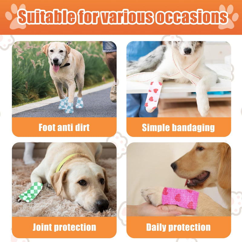 6 Roll 2 Inch x 5 Yards Checkered and Heart Print Pet Vet Wrap for Dogs Cats, Cohesive Bandages in Bulk, Non-Woven Self Adhesive Bandages Wrap Roll for Animals Wound Care, Ankle Sprains and Swelling - PawsPlanet Australia