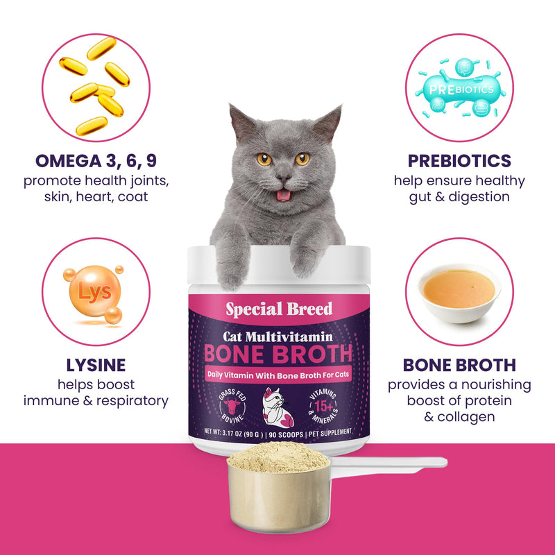 Cat Multivitamin with Grass-Fed Beef Bone Broth – Daily Supplement for Immune, Joint, Skin, Coat & Gut Health – Omega 3s, Lysine, Beta Glucan, Vitamins A-E, C, D – 90 Day Supply – No Fillers 90 Grams