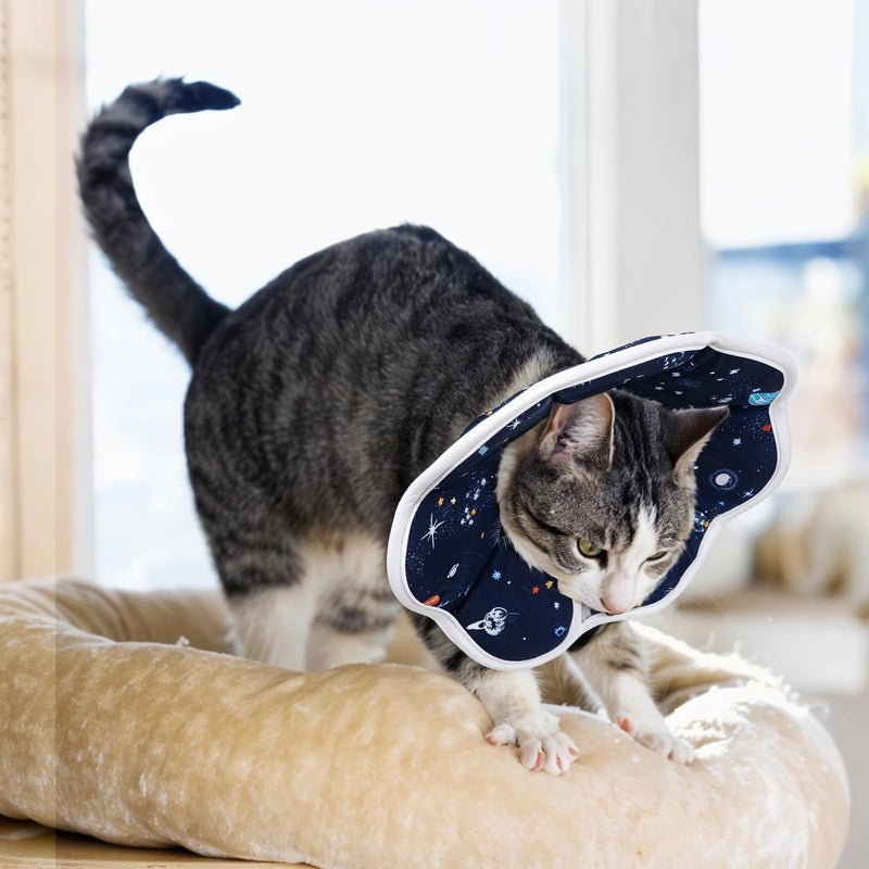 JunD Soft Cat Neck Collar, Adjustable Recovery Collar for Cats & Small Dogs, Prevents Licking After Surgery, Waterproof & Washable Material, S Planet