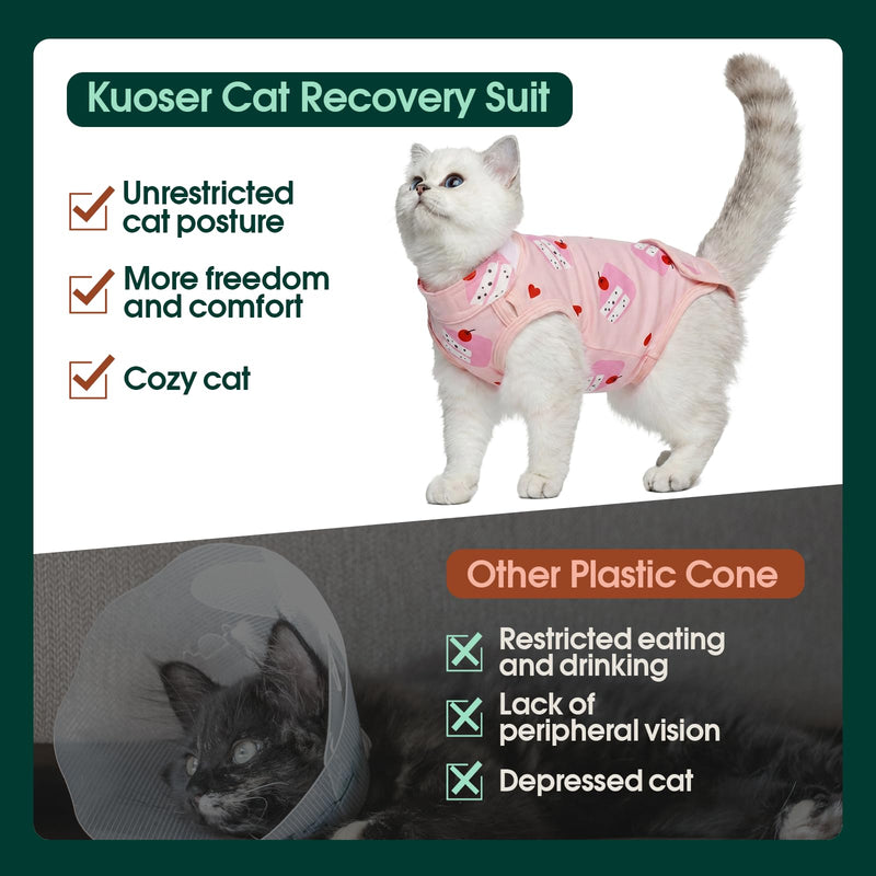 Kuoser Cat Recovery Suit for Female Male Cats, Breathable Post-Surgery Onesie for Spay Neuter, Abdominal Wound & Skin Disease Protection, E-Collar Alternative Anti-Licking Bodysuit for Kittens Small(chest:11.8'') Pink