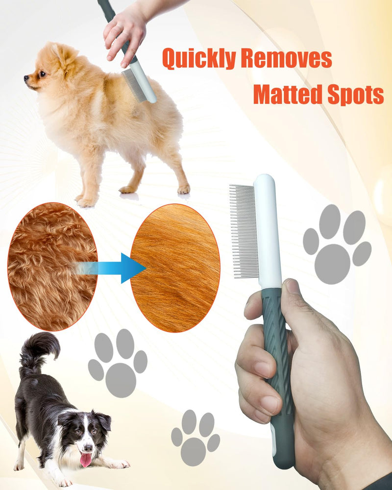 2 PCS Pet Comb with Long & Short Stainless Steel Teeth,Flea and Tick Comb for Dogs & Cats,Pet Grooming Brush for Short&Long Hair,2 different shapes with Rubber Handle - PawsPlanet Australia