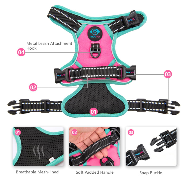 PHOEPET No Pull Dog Harness, Adjustable Vest with Padded Handle and Reflective Strips for Safe and Easy Walks, Fits Small Medium Large Dogs(Pink,M) M Pink