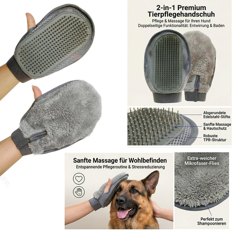 Pet Grooming Glove Double-Sided, Grey, 24 x 16 cm, Massage and Hair Removal Brush for Dogs and Cats, TPR Rubber with Steel Needles, Can be Used Left and Right-Handed