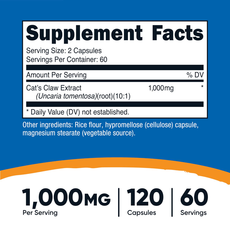Nutricost Cat's Claw 1000mg, 120 Capsules - Vegetarian Caps, Non-GMO and Gluten Free, 60 Servings - PawsPlanet Australia