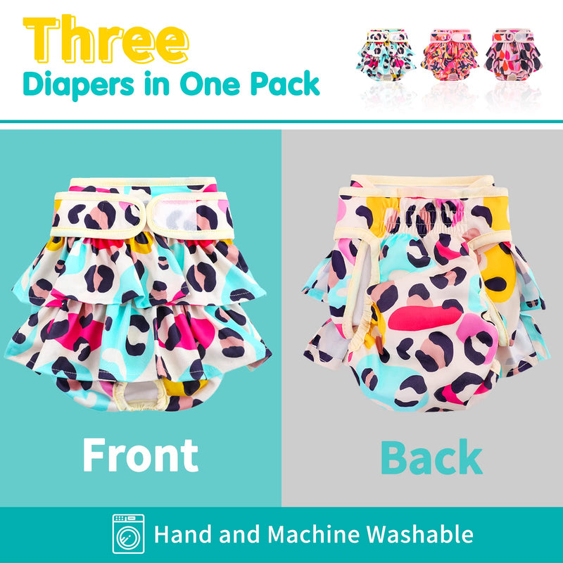 Washable Dog Diapers Female 3 pack Reusable Premium Highly Absorbent Doggie Diapers, Flexible Puppy Diapers, Durable Leak-proof Leopard Dog Diapers for Period Heat Incontinence Puppy Training, S Small