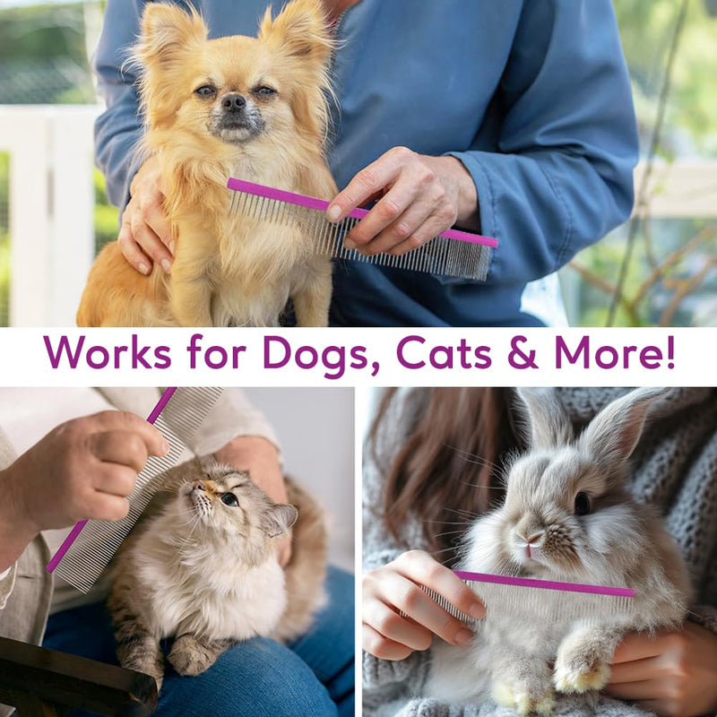 Pet Comb 8 inches Comfortable Grooming Comb with Different-Spaced Rounded Stainless Steel Teeth, Easy Grip and Convenient Grooming for Pets Dog Cat with Medium Coarse Fur - Purple 8" - PawsPlanet Australia