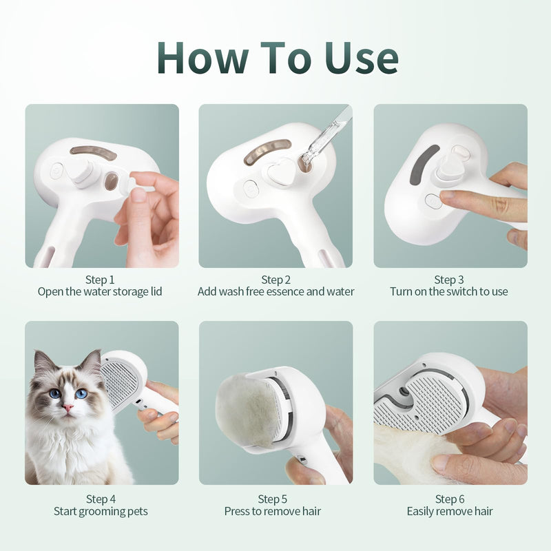 Pet Steam Brush for Dogs and Cats, 3-in-1 Self-Cleaning Deshedding & Grooming Spray Comb, Anti-Static USB Rechargeable with Cool Mist, for Long & Short Hair Pets (White)