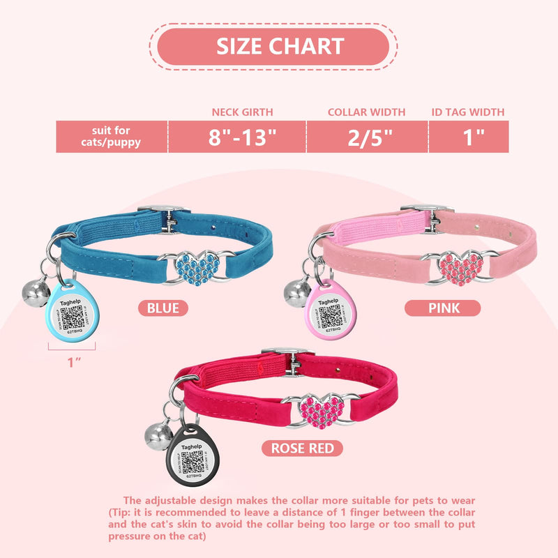 Heart Bling Cat Collar with Safety Belt and Bell Adjustable 8-13 inches for Kitten,Personalized Cat Collar with QR Code Smart ID tag, Pet Name and Phone Number on line,NO app (Blue) blue - PawsPlanet Australia