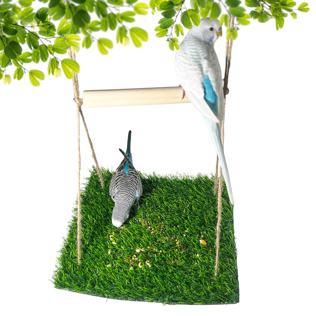 Bird Swing Mat with Wood Perch, Lawn Swing Hammock for Parrot, Simulated Grass Bird Swing Mat Hanging Climbing Hammock for Parakeet, Budgie, Conure, Cockatiel, Lovebird, Canary