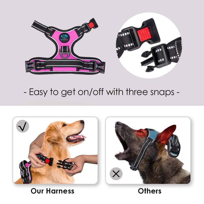 PHOEPET No Pull Dog Harness Medium Reflective Front Clip Vest with Handle,Adjustable 2 Metal Rings 3 Buckles,[Easy to Put on & Take Off](M, Pink) - PawsPlanet Australia