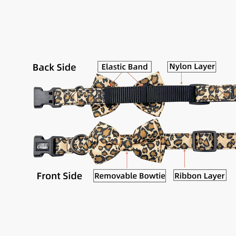 Bowtie Dog Collar and Leash Set, Nylon Webbing with Leopard Ribbon, 5ft Matching Leash, for Small Dogs.(S, Leopard) - PawsPlanet Australia