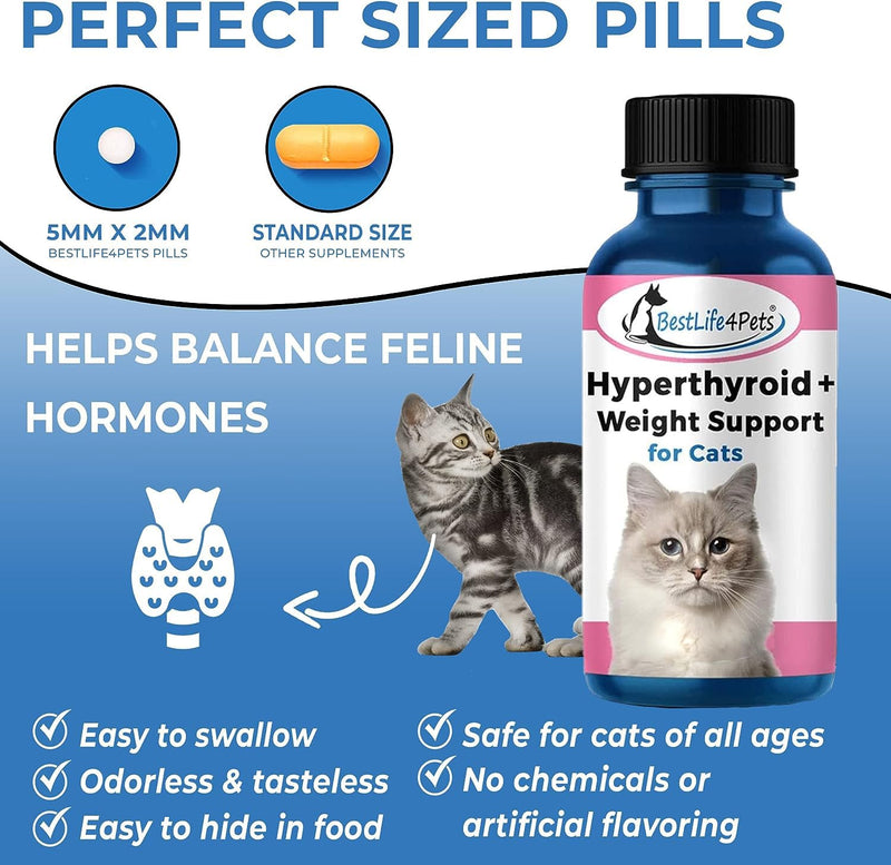 BestLife4Pets Cat Hyperthyroid + Weight Gain Support - Feline Thyroid Supplement for Metabolic Support - All-in-One Thyroid Supplement for Weight Management - Easy to Use Natural Pills