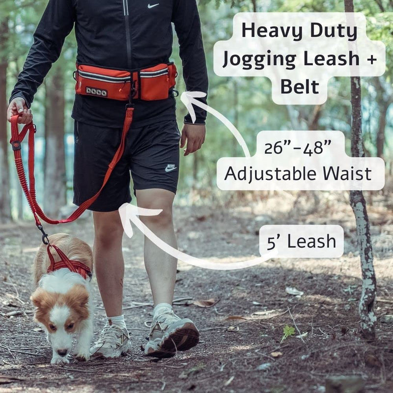 DOCO Heavy Duty Hands Free Dog Leash, Retractable Bungee for Running Walking Jogging, Training, Hiking │ Adjustable Waist Belt, Reflective Stitches, Dual Handle (Medium-Large Dogs, 20-100 lbs) Red Original - PawsPlanet Australia