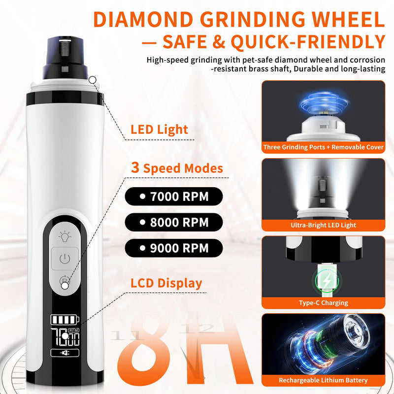 2026 Upgraded Silent Dog Nail Grinder, 3-Speed Powerful Electric Pet Nail Trimmer, Indoor cat Nail Trimmer,Rechargeable with 2 LED Lights/Grinding Wheels for Small, Medium, and Large Dogs and Cats - PawsPlanet Australia