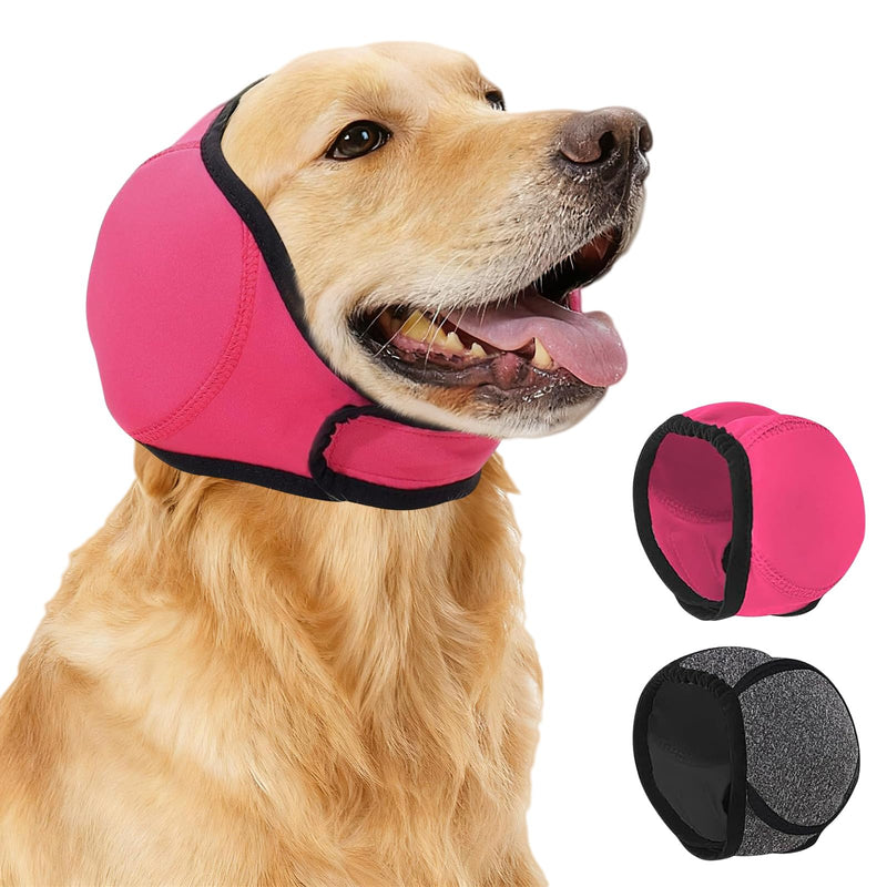 Dog Calming Ear Wrap with Noise Reduction—Adjustable Anxiety Soothing Headgear for Thunder, Fireworks & Bathing, Fits Head Circumference 35-48cm, Neoprene Material, Pink and Gray, 2 Pack