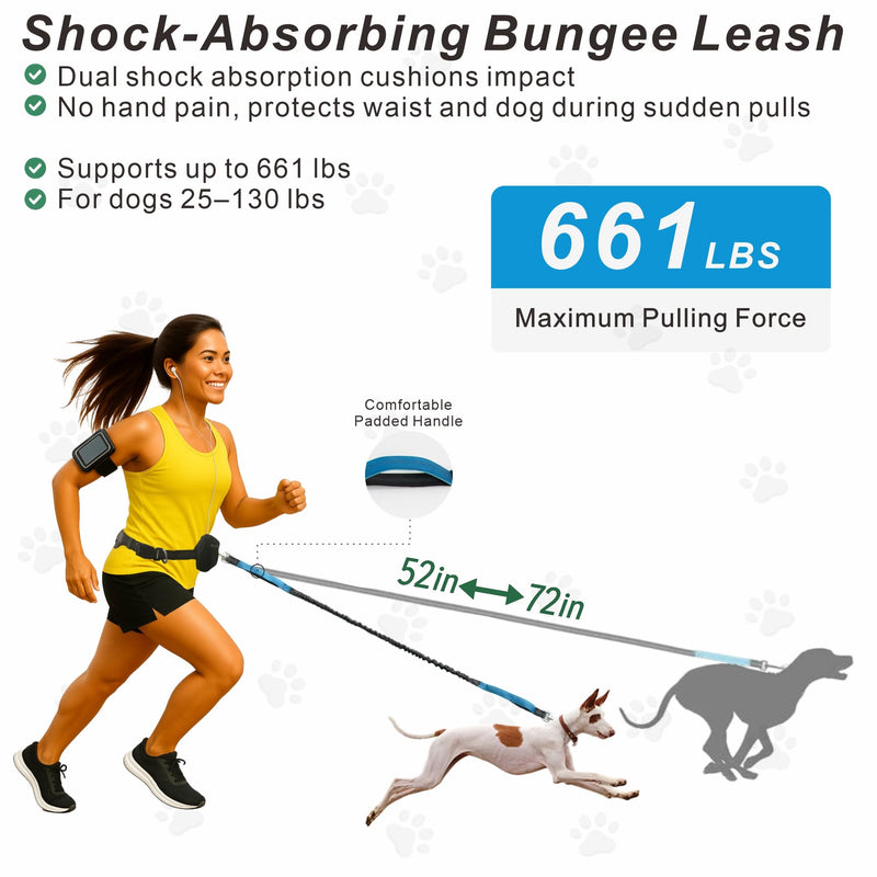 Hands-Free Dog Leash for Dogs up to 130 lbs – Heavy-Duty, Shock-Absorbing Bungee Leash with Zipper Pouch, Dual Padded Handles & Adjustable Waist Belt for Running & Walking – Sky Blue - PawsPlanet Australia