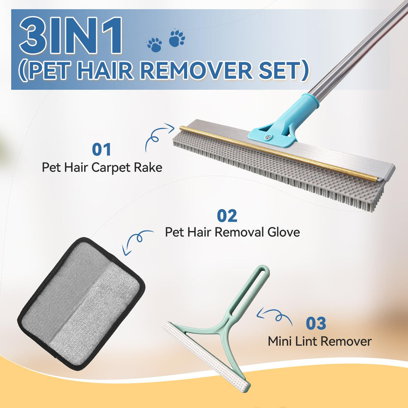 BFNN Carpet Rake for Pet Hair Removal | Reusable Dual-Action Carpet Broom Tool with Metal Scraper & Silicone Brush | 54" Adjustable Handle | 3Pcs Cat & Dog Fur Cleaning Kit for Rugs, Couch & Furniture Blue