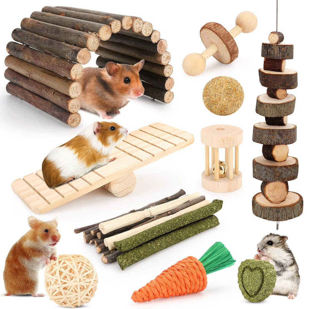 Hamster Cage Accessories, 12 Different Chew Toys for Guinea Pig, Chinchillas, Gerbils, Mice, Rats, Mouse, Rabbit, Bunny Hideout Seesaw, Natural Molar Tools