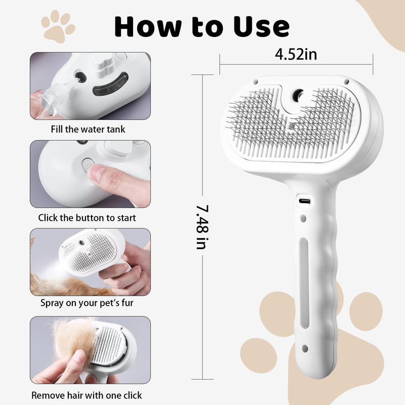 Steam Slicker Brush Pet Shedding Hair-Spray Brushes for Grooming and Desheding, Indoor Detangler for Cats and Dogs,4 in 1, Suitable for Long and Short-Haired, Effectively Removes Loose Fur (White) - PawsPlanet Australia