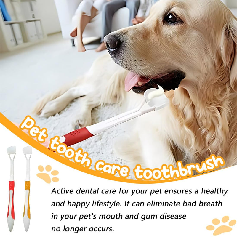 Pack of 2 Teeth Brushing Dog Toothbrush Cat Toothbrushes Dog Toothbrush for Pet Dental Care Triple Head Toothbrush for Easy Oral Care (Red and Yellow)