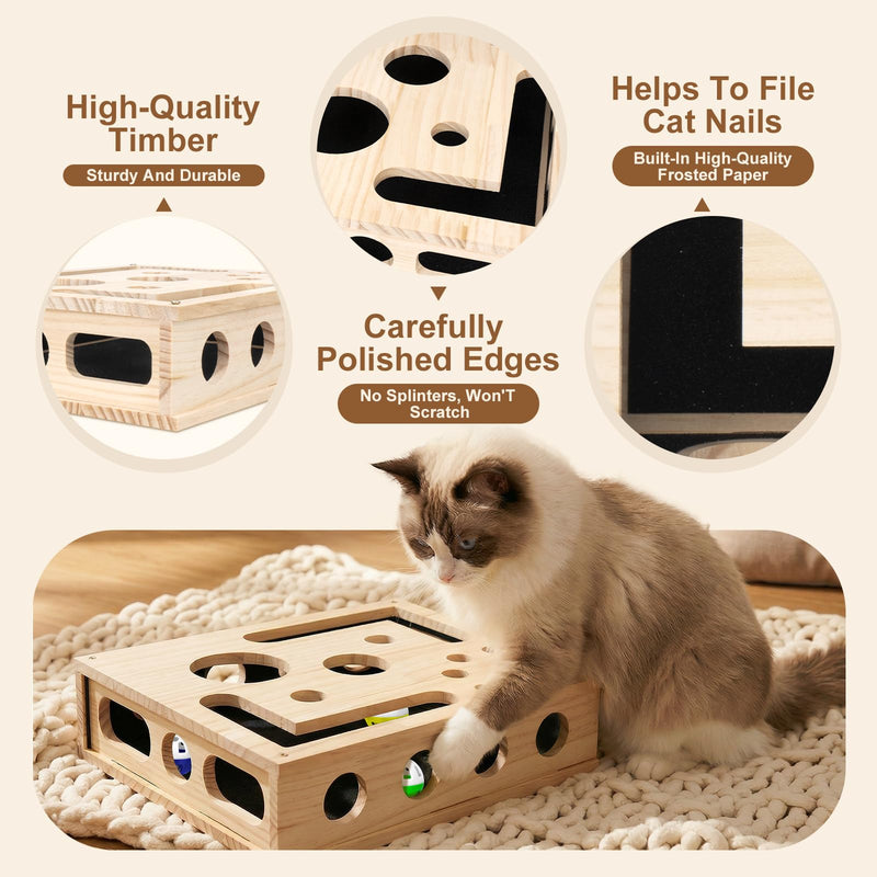 Cat Scratch Puzzle Enrichment Box, Maze Cat Nail File Scratcher & Built-in Sandpaper, Wooden Cat Nail File Enrichment Box, Stress-Free Alternative to Trimming Your Nails