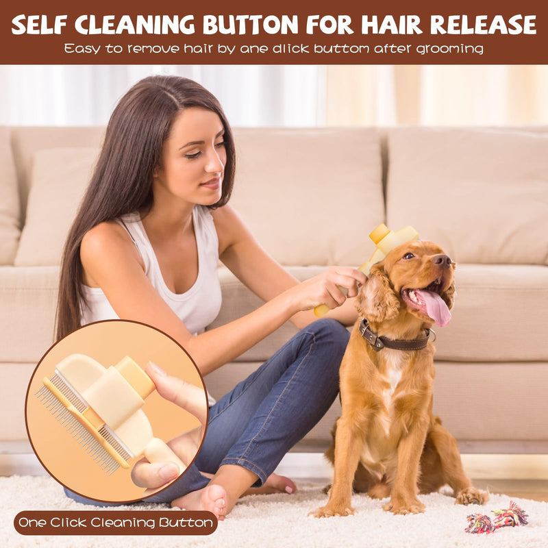 Zen Brush for Cats & Dogs - 2-Pack Self-Cleaning Pet Grooming Brush with Stainless Steel Teeth & Release Button, Hair Removal Tool for All Coat Types (Green+Yellow) - PawsPlanet Australia